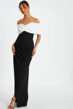Quiz Black Contrast Bardot Ruched Maxi Dress Online