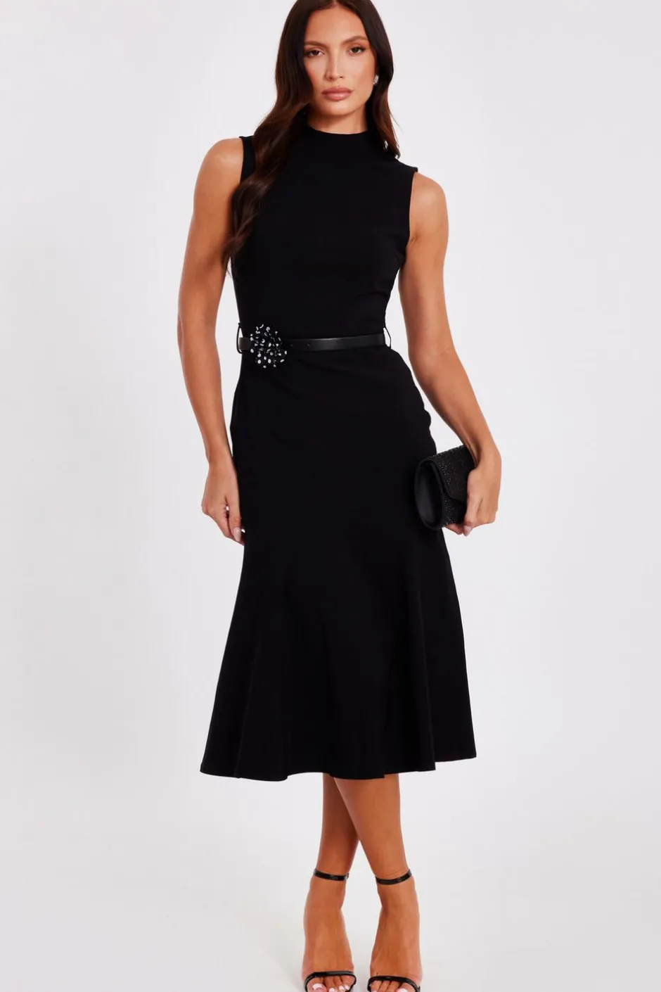 Quiz Black Corsage Belt Midi Dress New