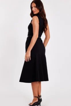 Quiz Black Corsage Belt Midi Dress New