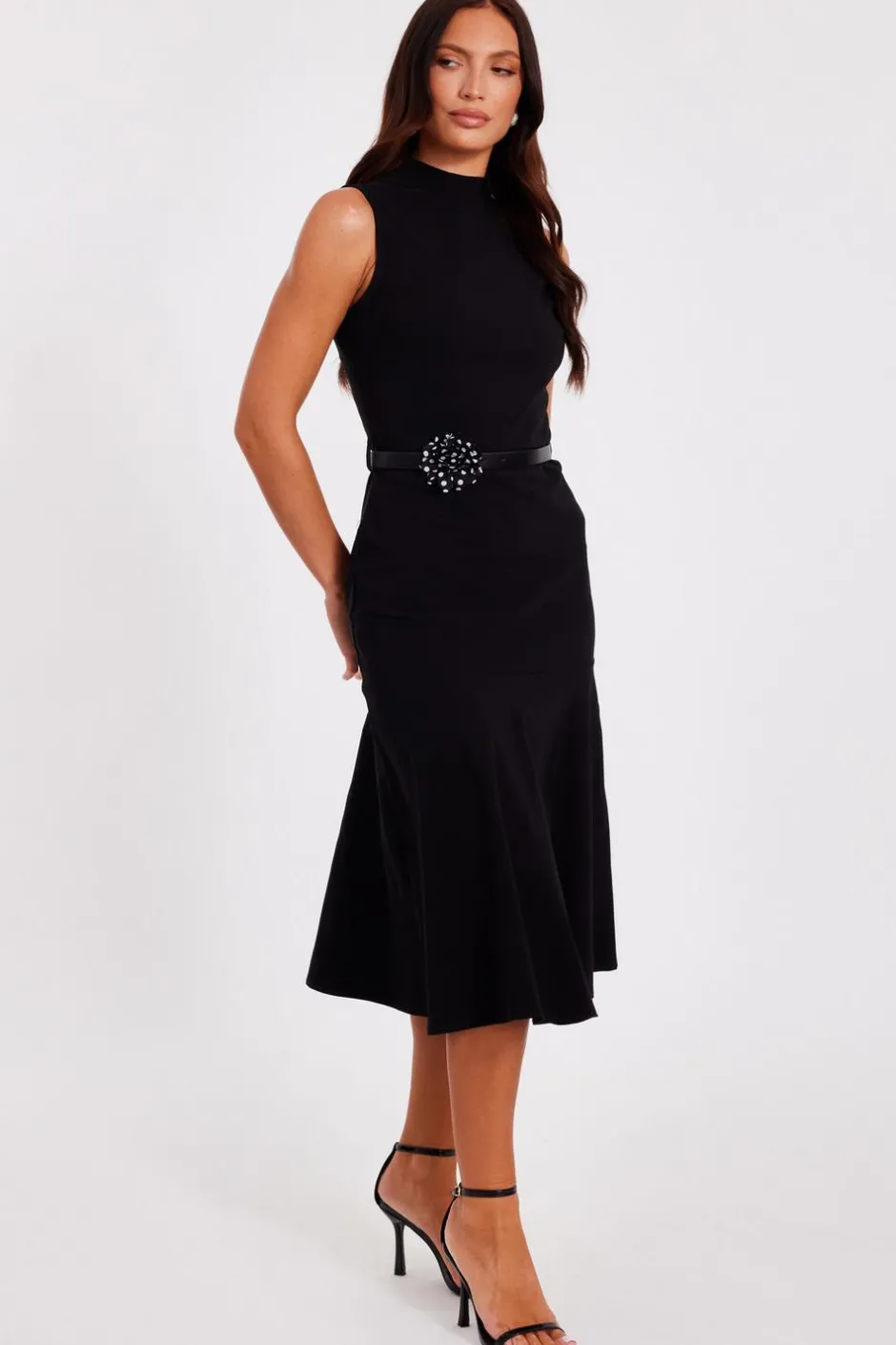 Quiz Black Corsage Belt Midi Dress New