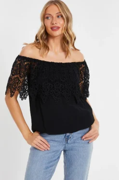 Quiz Crochet Bardot Top Black Clearance