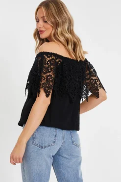 Quiz Crochet Bardot Top Black Clearance