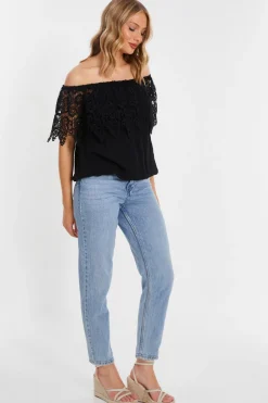 Quiz Crochet Bardot Top Black Clearance
