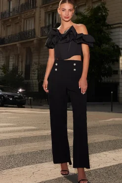 Quiz Black Diamante Button Palazzo Trousers New