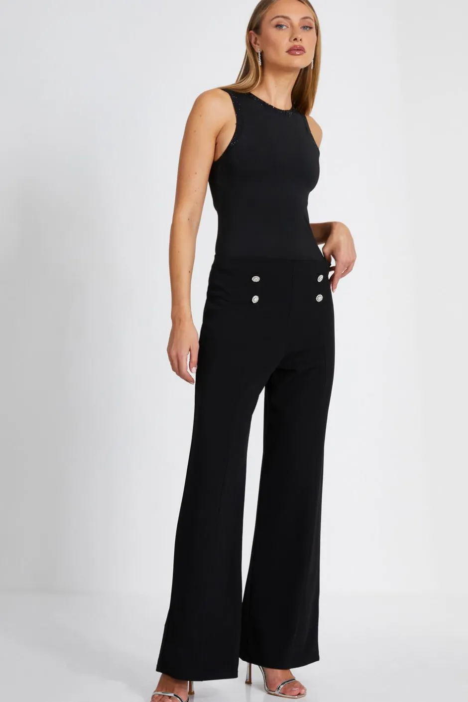 Quiz Black Diamante Button Palazzo Trousers New