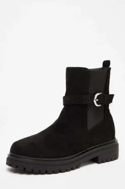 Quiz Black Diamante Chunky Buckle Boots Clearance