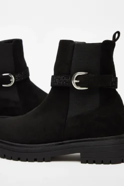 Quiz Black Diamante Chunky Buckle Boots Clearance