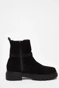 Quiz Black Diamante Chunky Buckle Boots Clearance
