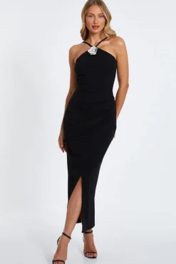 Quiz Black Diamante Corsage Midi Dress Outlet