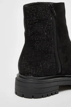 Quiz Black Diamante Faux Suede Ankle Boots Outlet