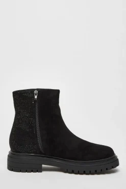 Quiz Black Diamante Faux Suede Ankle Boots Outlet