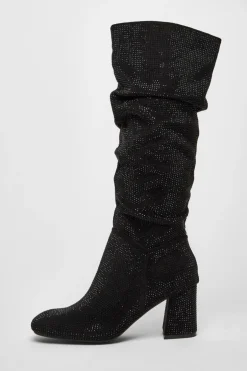 Quiz Black Diamante Knee High Boot Sale