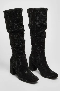 Quiz Black Diamante Knee High Boot Sale