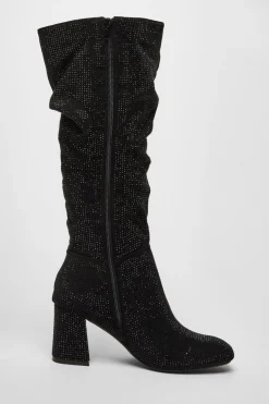 Quiz Black Diamante Knee High Boot Sale