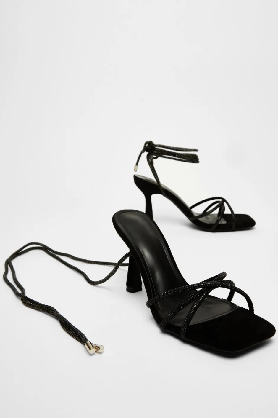 Quiz Diamante Lace Up Heels Black