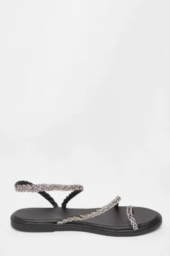 Quiz Diamante Pleated Flat Sandals Black Discount