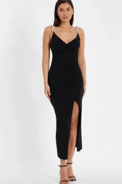 Quiz Diamante Ruched Midi Dress Black Online