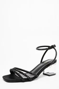 Quiz Diamante Strap Low Heel Sandals Black Outlet