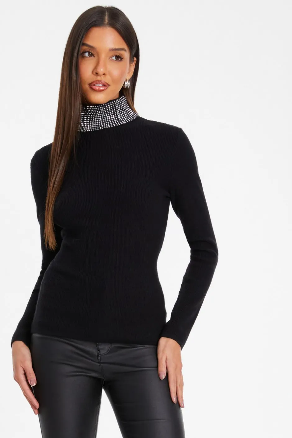 Quiz Diamante Turtle Neck Jumper Black Hot