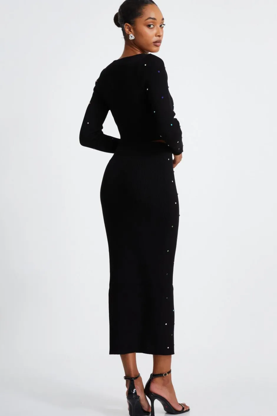 Quiz Black Embellished Knit Cropped Jumper Clearance