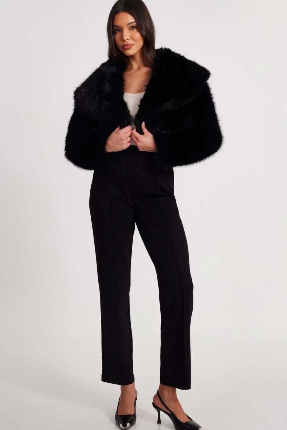Quiz Faux Fur Cropped Jacket Black Best
