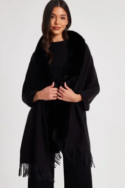 Quiz Faux Fur Trim Cape Black Online