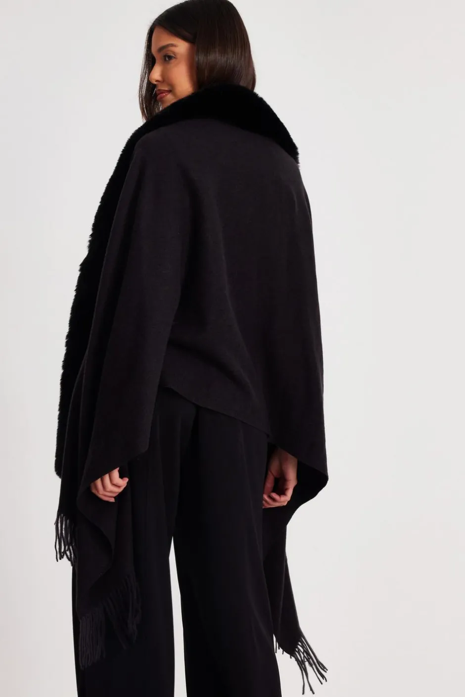 Quiz Faux Fur Trim Cape Black Online