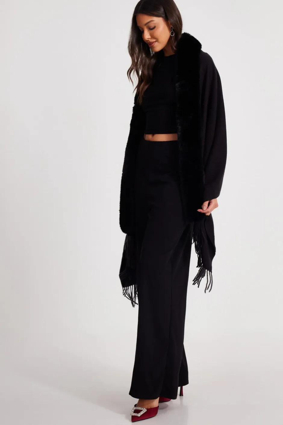 Quiz Faux Fur Trim Cape Black Online
