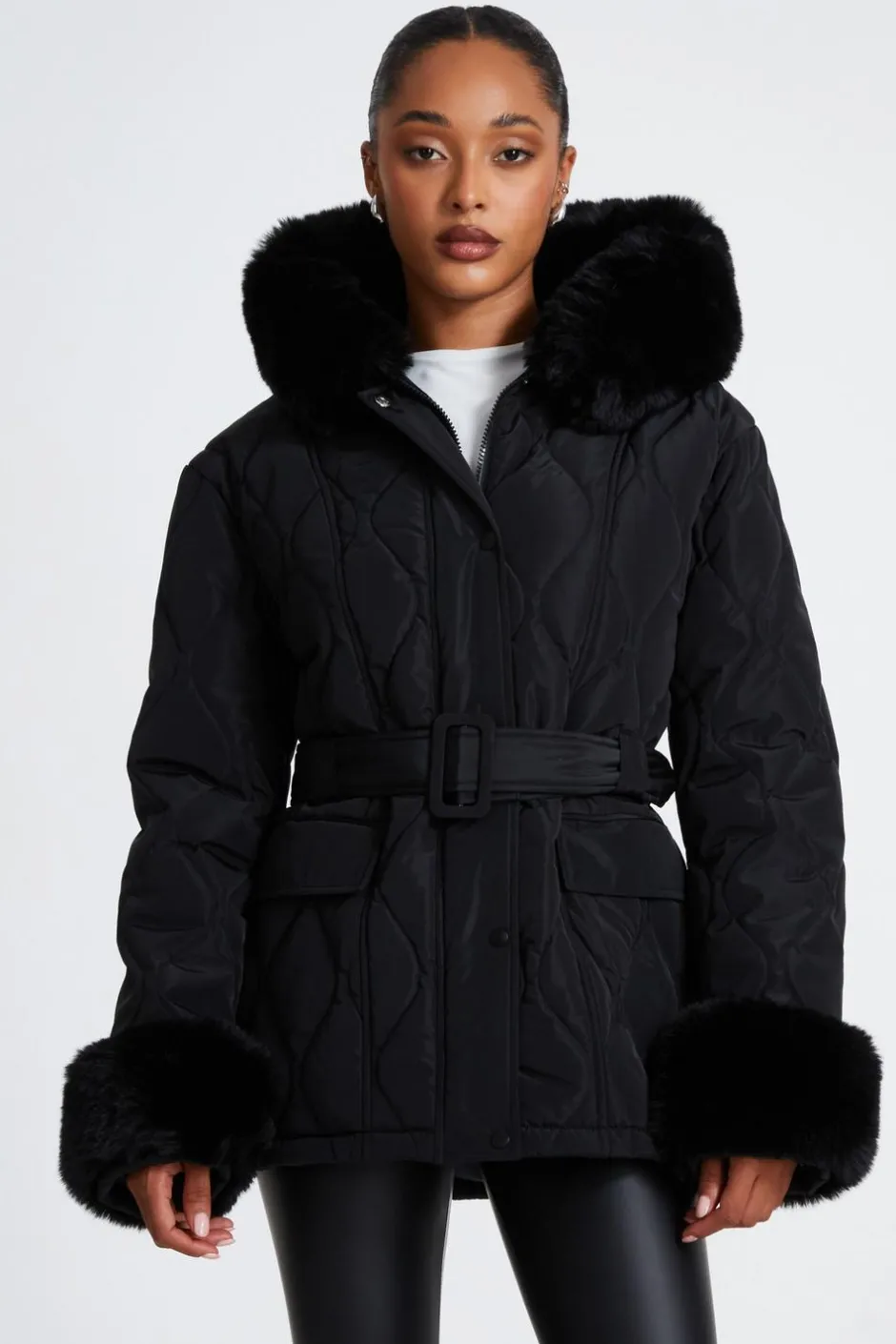 Quiz Faux Fur Trim Jacket Black Best