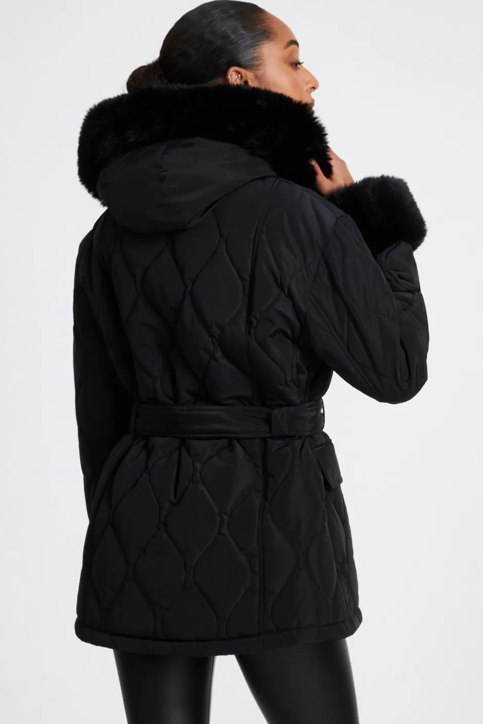 Quiz Faux Fur Trim Jacket Black Best