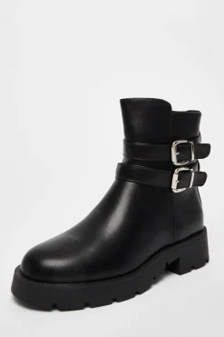 Quiz Black Faux Leather Double Buckle Ankle Boot Clearance
