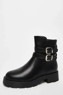 Quiz Black Faux Leather Double Buckle Ankle Boot Clearance