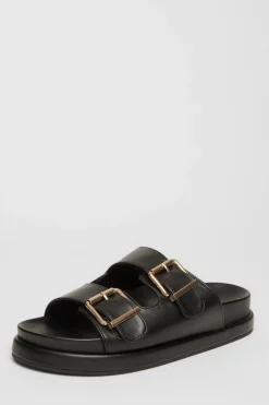 Quiz Faux Leather Flat Sandals Black