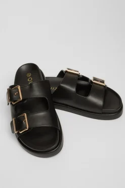 Quiz Faux Leather Flat Sandals Black