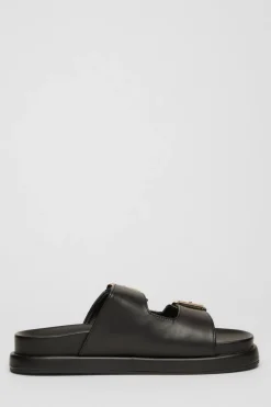 Quiz Faux Leather Flat Sandals Black