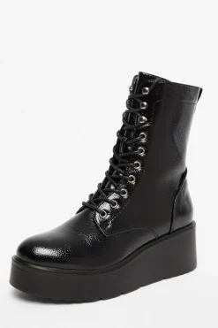 Quiz Black Faux Leather Lace Up Wedged Ankle Boots Online