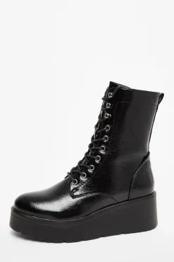 Quiz Black Faux Leather Lace Up Wedged Ankle Boots Online