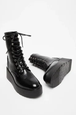 Quiz Black Faux Leather Lace Up Wedged Ankle Boots Online