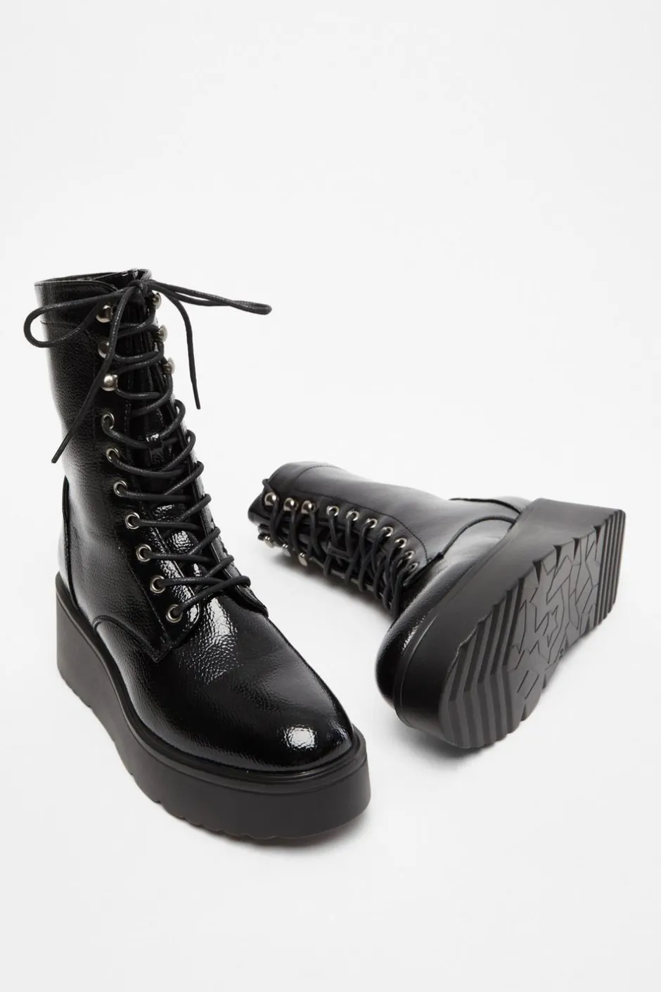 Quiz Black Faux Leather Lace Up Wedged Ankle Boots Online