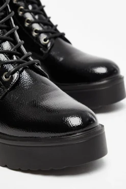 Quiz Black Faux Leather Lace Up Wedged Ankle Boots Online