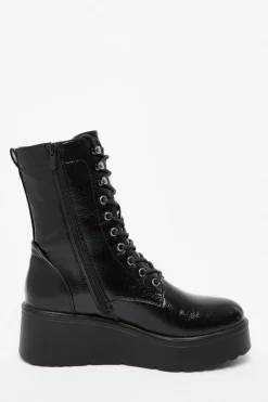 Quiz Black Faux Leather Lace Up Wedged Ankle Boots Online