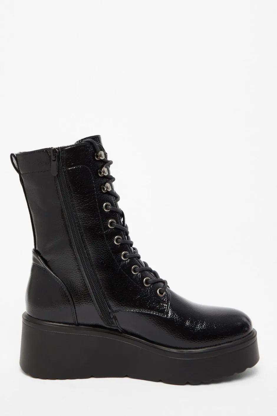 Quiz Black Faux Leather Lace Up Wedged Ankle Boots Online