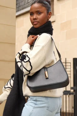 Quiz Faux Leather Shoulder Bag Black Clearance