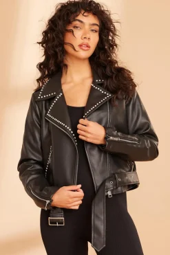Quiz Black Faux Leather Studded Biker Jacket Outlet