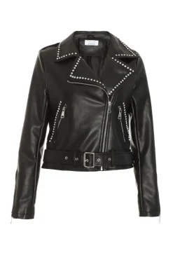 Quiz Black Faux Leather Studded Biker Jacket Outlet