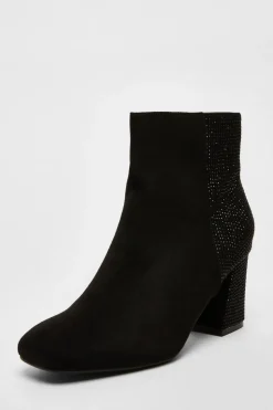 Quiz Black Faux Suede Diamante Heeled Boots Outlet