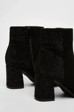 Quiz Black Faux Suede Diamante Heeled Boots Outlet