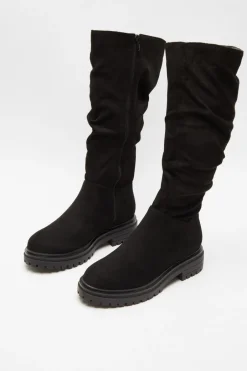 Quiz Black Faux Suede Ruched Boots Clearance
