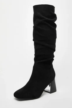 Quiz Faux Suede Ruched Heeled Boots Black Outlet