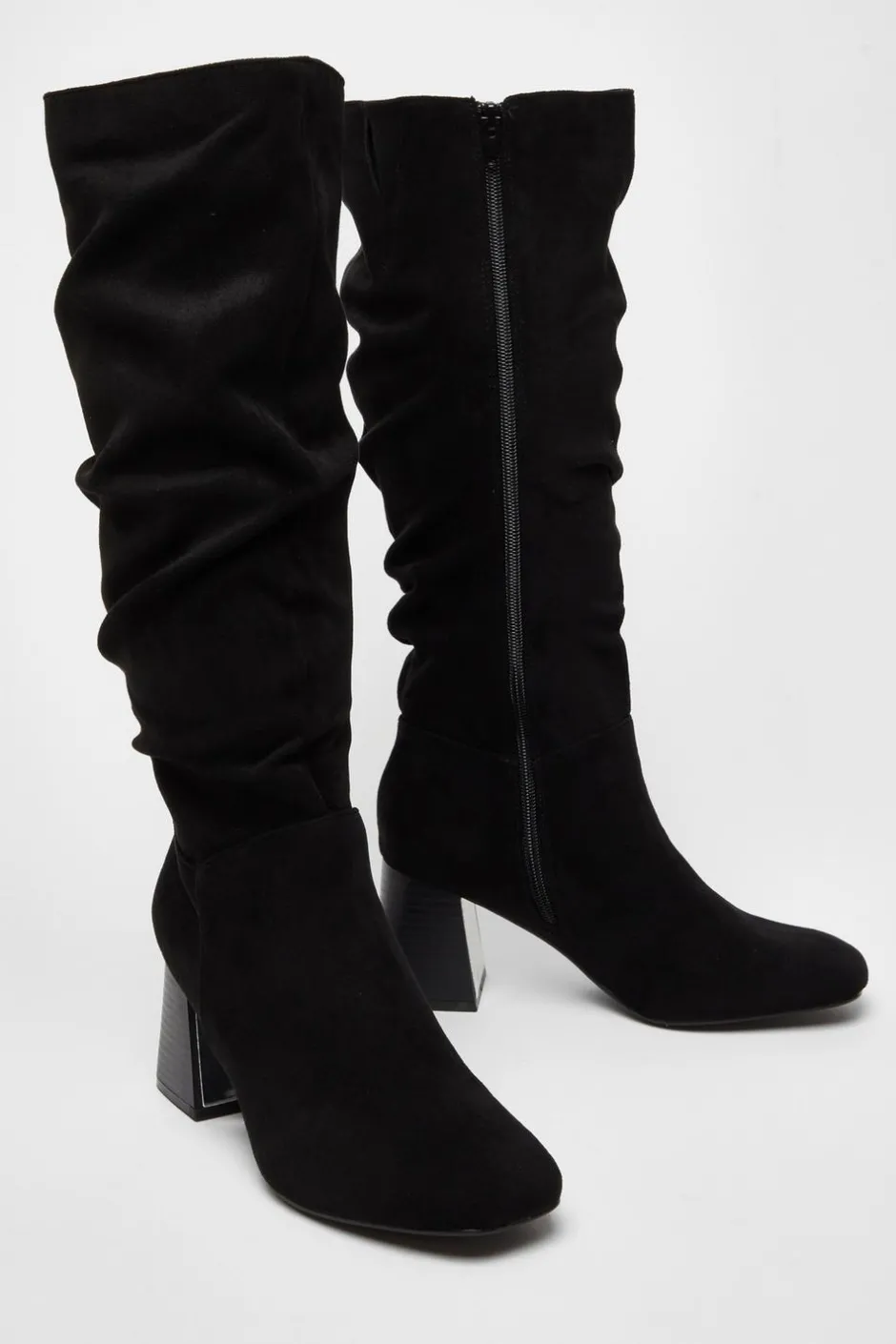 Quiz Faux Suede Ruched Heeled Boots Black Outlet